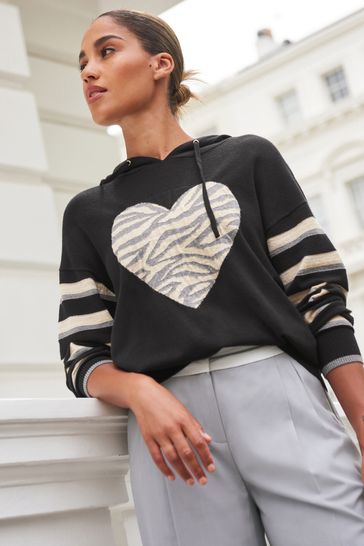 Black and Neutral Animal Print Heart Knitted Hoodie