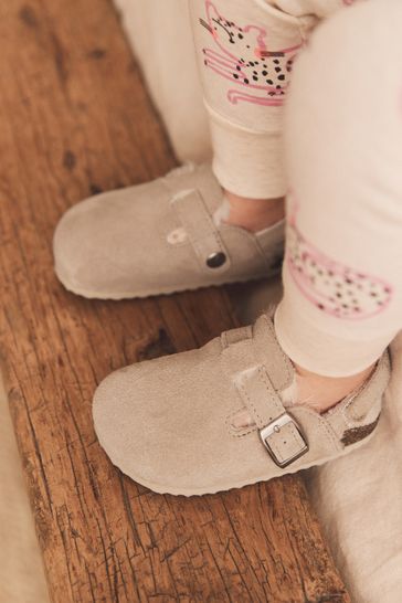 Beige Leather Corkbed Mule Slippers