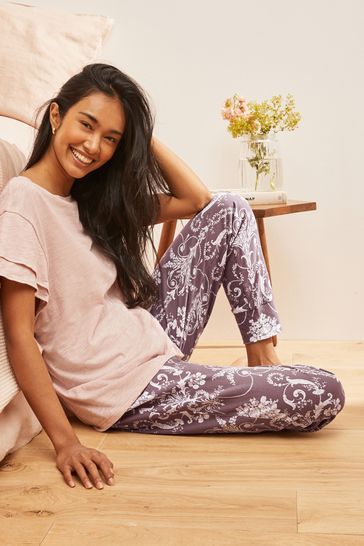 Wine Josette Print Cotton Jersey Pyjamas