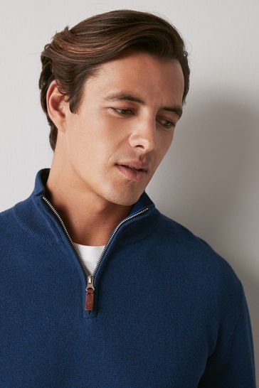 Cobalt Blue Zip Neck Knitted Premium Regular Fit Jumper