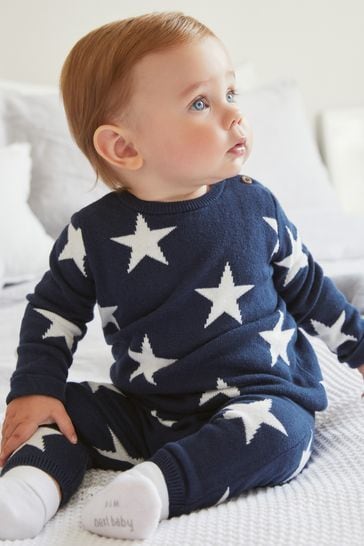 Navy Blue Star Knitted Baby 2 Piece Set (0mths-2yrs)