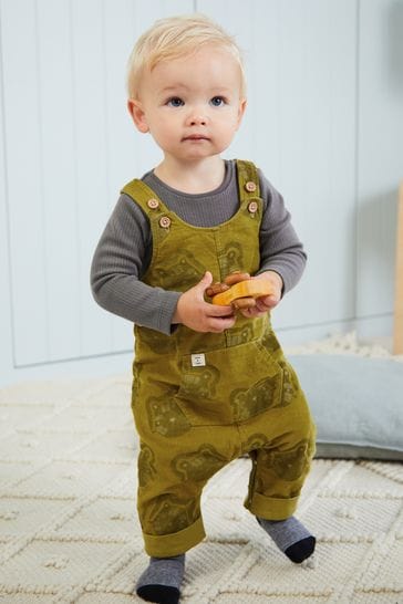 Olive Green Baby Corduroy Lion Print Dungarees Set (0mths-2yrs)