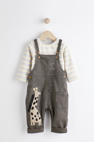 Charcoal Grey Baby Appliqu Denim Dungarees And Jersey Bodysuit Set 0mths 2yrs