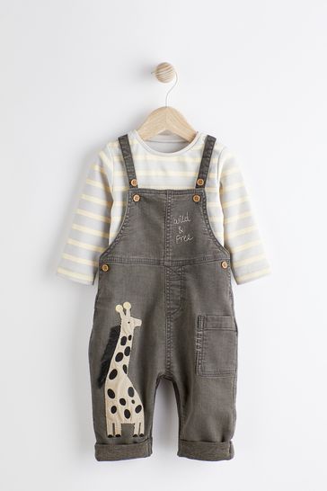 Kopen Antraciet - Babyset van denim tuinbroek met applicatie en jersey rompertje (0 mnd-2 jr) from Next Netherlands