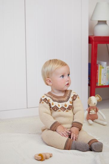 Tan Brown Fairisle Knitted Baby Romper (0mths-2yrs)