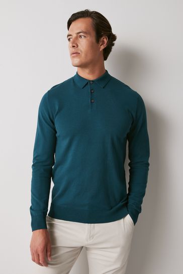 Teal Blue Regular Knitted Long Sleeve Polo Shirt