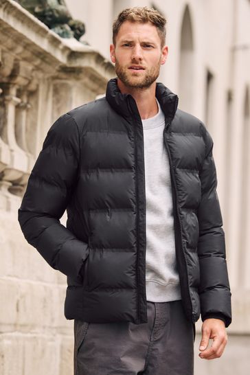 Black Non Hooded Shower Resistant Hooded Puffer Jacket