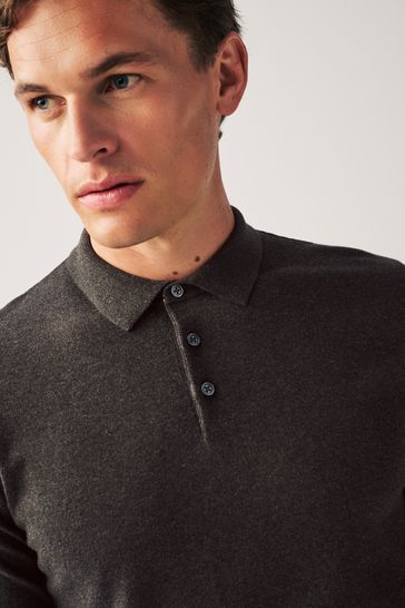 Brown/Grey Regular Knitted Long Sleeve Polo Shirt