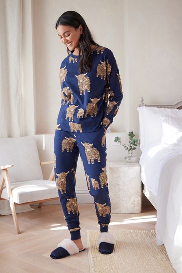 Pijama de manga larga de algodón azul marino Hamish