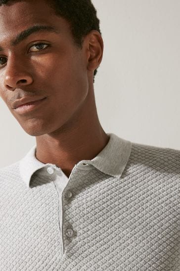 Grey Textured Regular Long Sleeve Knit Polo Shirt
