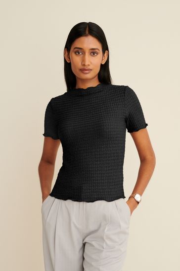 Buy Black Short Sleeve Lettuce Edge Textured Top from Next Luxembourg