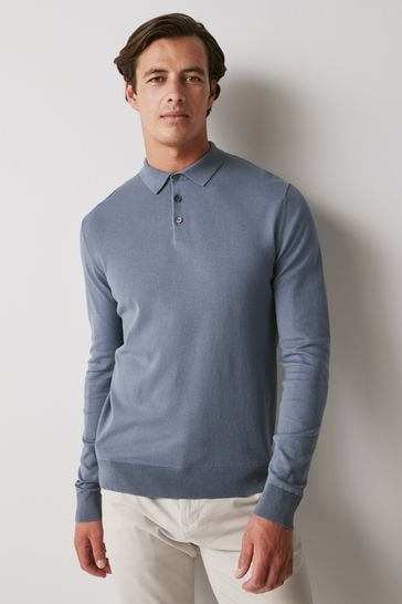 Slate Blue Regular Knitted Long Sleeve Polo Shirt