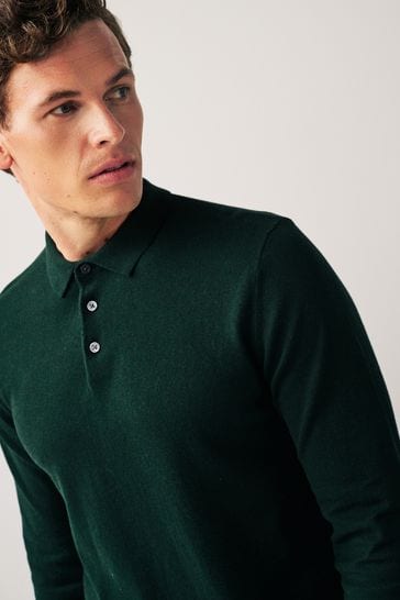 Dark Green Regular Knitted Long Sleeve Polo Shirt