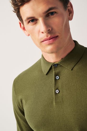 Buy Khaki Green Regular Knitted Long Sleeve Polo Shirt from Next USA