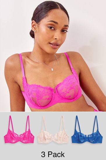 Buy Cobalt Blue/Bright Pink/Blush Pink Non Pad Balcony Lace Bras 3 Pack  from Next Luxembourg
