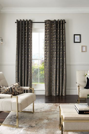 Charcoal Grey Next Collection Luxe Fretwork Heavyweight Velvet Eyelet Lined Curtains