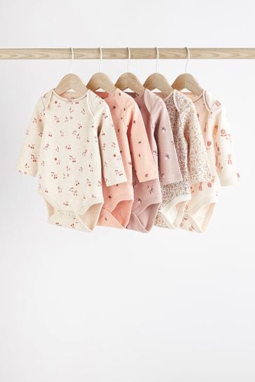 Pack de 5 bodis de bebé de manga larga en rosa/crema