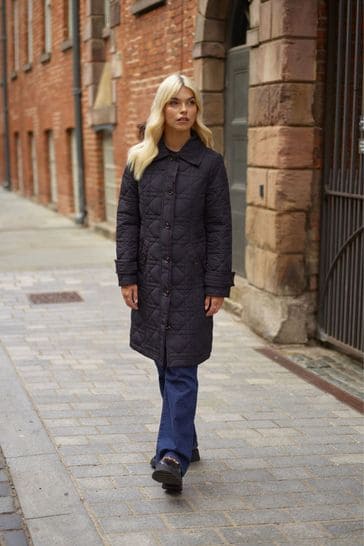 Another Sunday Diamond Quilted Padded Lightweight Midi Coat with Collar In Black