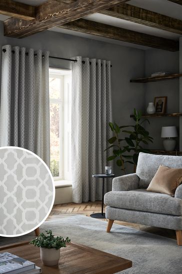 Light Silver Grey Next Woven Geometric Eyelet Lined Curtains