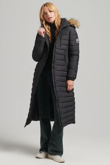 Superdry Black Faux Fur Hooded Longline Puffer Coat