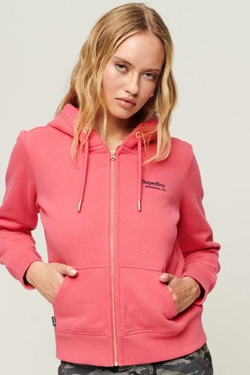 Superdry Sudadera con capucha con cremallera con logotipo esencial de color rosa brillante