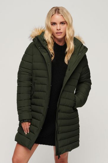 Superdry Green Fuji Hooded Mid Length Puffer Jacket