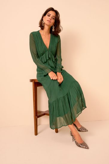 Buy Dark Green Pleated Frill Waist Midi Dress from Next Lithuania