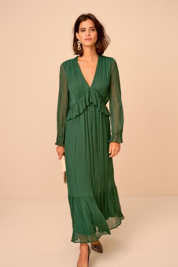 Dark Green Pleated Frill Waist Midi Dress