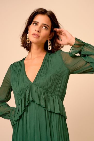 Buy Dark Green Pleated Frill Waist Midi Dress from Next Lithuania