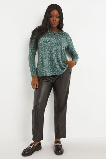 Simply Be Green Print Supersoft Long Sleeve Criss-Cross Swing Top