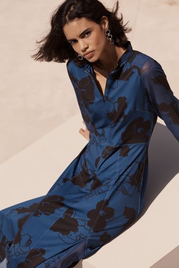 Blue Floral Zip Midi Dress