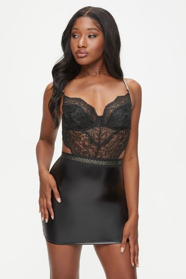 Ann Summers Black Hold Me Tight Faux Leather & Lace Dress