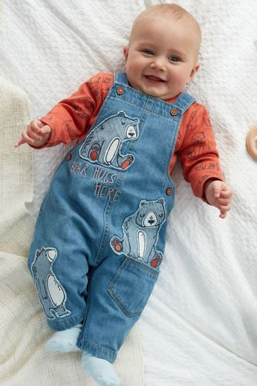 Blue Bear Appliqué 2 Piece Baby Denim Dungarees And Bodysuit Set (0mths-3yrs)