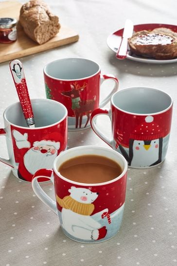 Red/White Red Santa & Friends Set of 4 Mugs