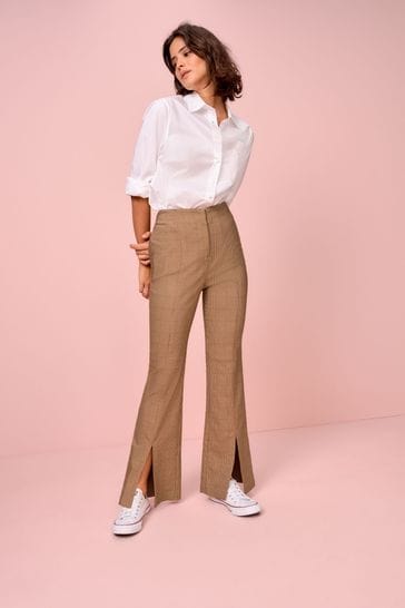 Brown Check Smart Front Split Flare Trousers