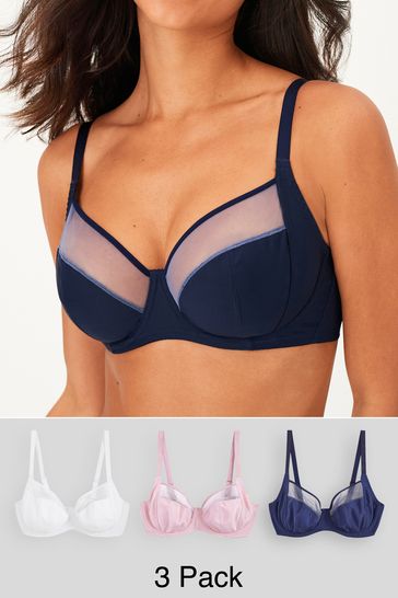 Navy Blue/Pink/White DD+ Non Pad Full Cup Bras 3 Packs