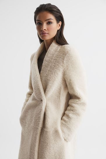 Reiss Cream Neave Reversible Long Shearling Coat