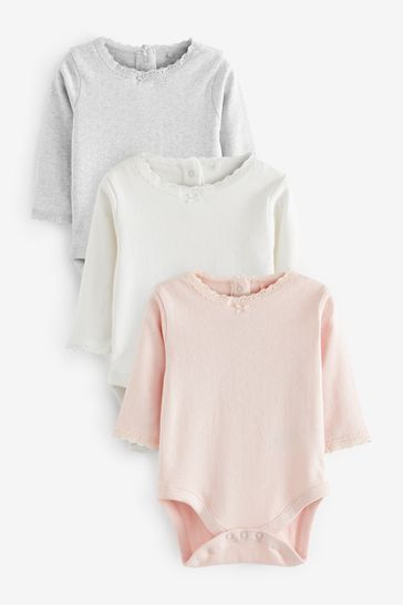 Pink/White/Grey Pointelle Baby Long Sleeve Bodysuits 3 Pack