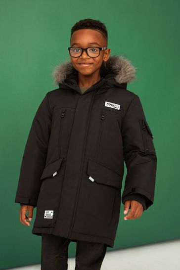 F&F Parka With Faux Fur Hood Black Coat
