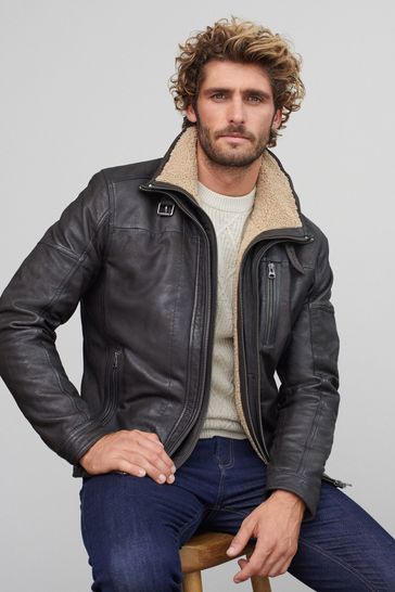 Brown Signature Leather Borg Lined Biker Neck Jacket
