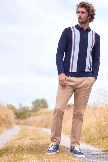 Navy Blue Vertical Stripe Long Sleeve Knitted Polo Shirt