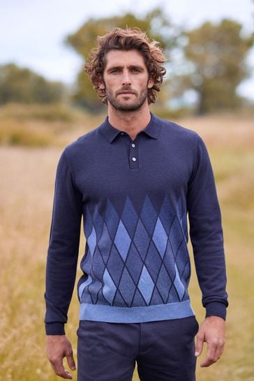 Navy Blue Argyle Pattern Long Sleeve Knitted Polo Shirt