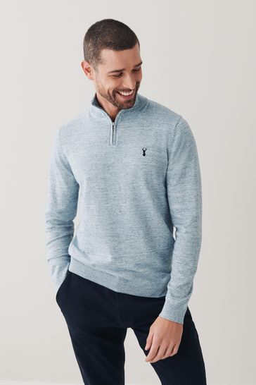 Light Blue With Stag Embroidery Cotton Rich Marl Zip Neck Jumper