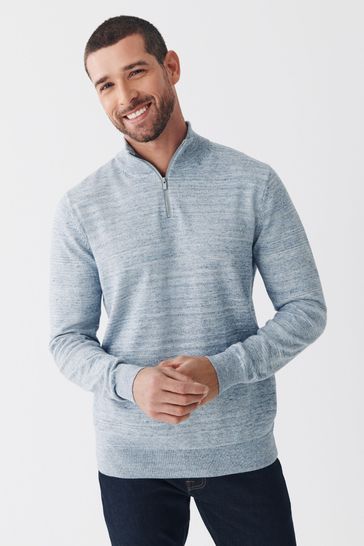 Light Blue Cotton Rich Marl Zip Neck Jumper