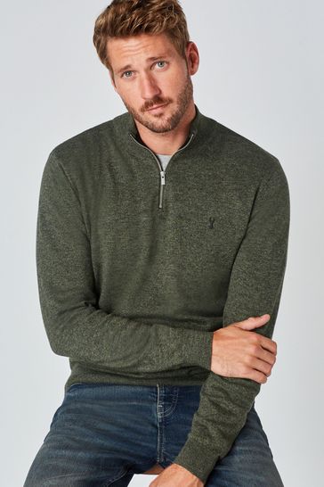 Khaki Green With Stag Embroidery Cotton Rich Marl Zip Neck Jumper
