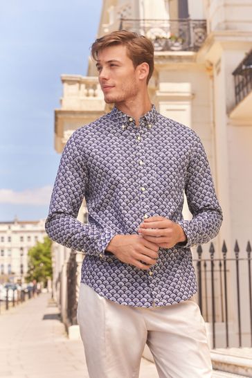 Navy Printed Soft Touch Twill Roll Sleeve Shirt