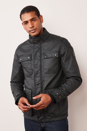 Black Shower Resistant Coated Cotton Biker Jacket