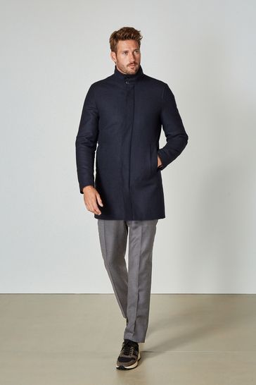 Buy Navy Blue Signature Italian Wool Rich Funnel Neck Coat With