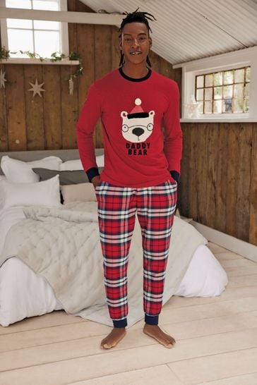 Red Mens Matching Family Bear Check Christmas Pyjamas