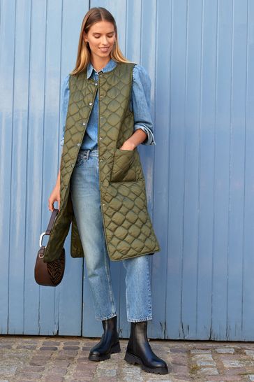 Khaki Green Quilted Longline Gilet